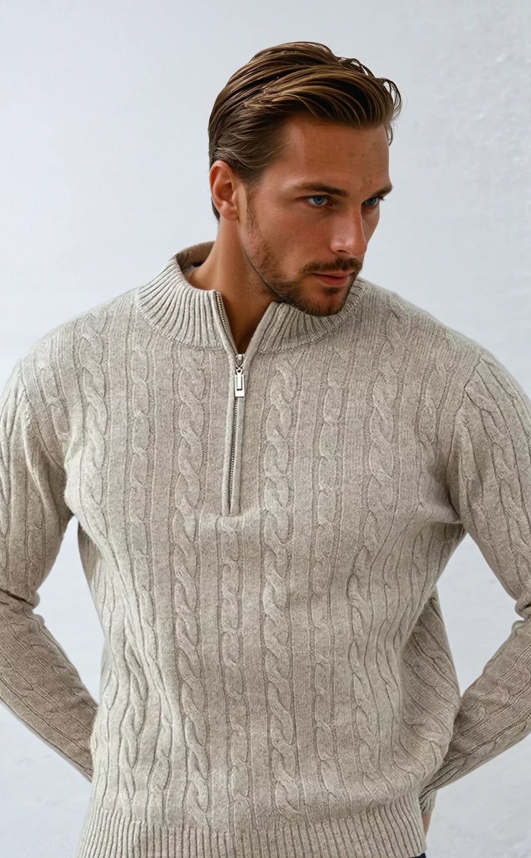 Men’s Cable Knit Zip Sweater – Beige-Sweater-Borough Fashion