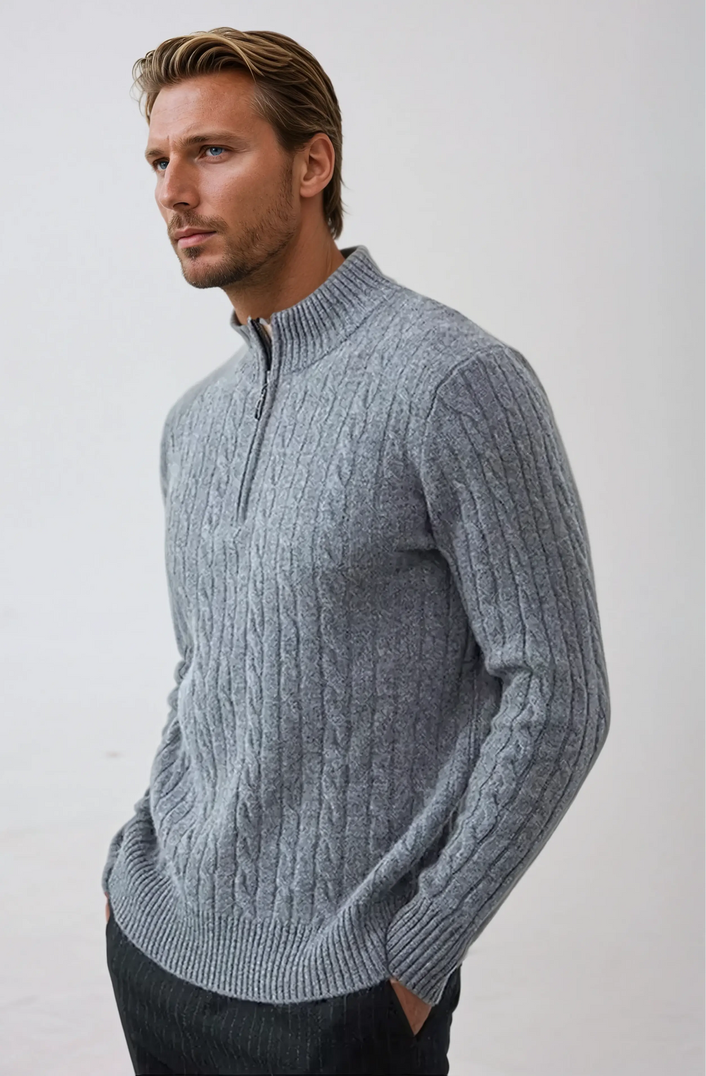 Men’s Cable Knit Zip Sweater – Dark Grey-Sweater-Borough Fashion