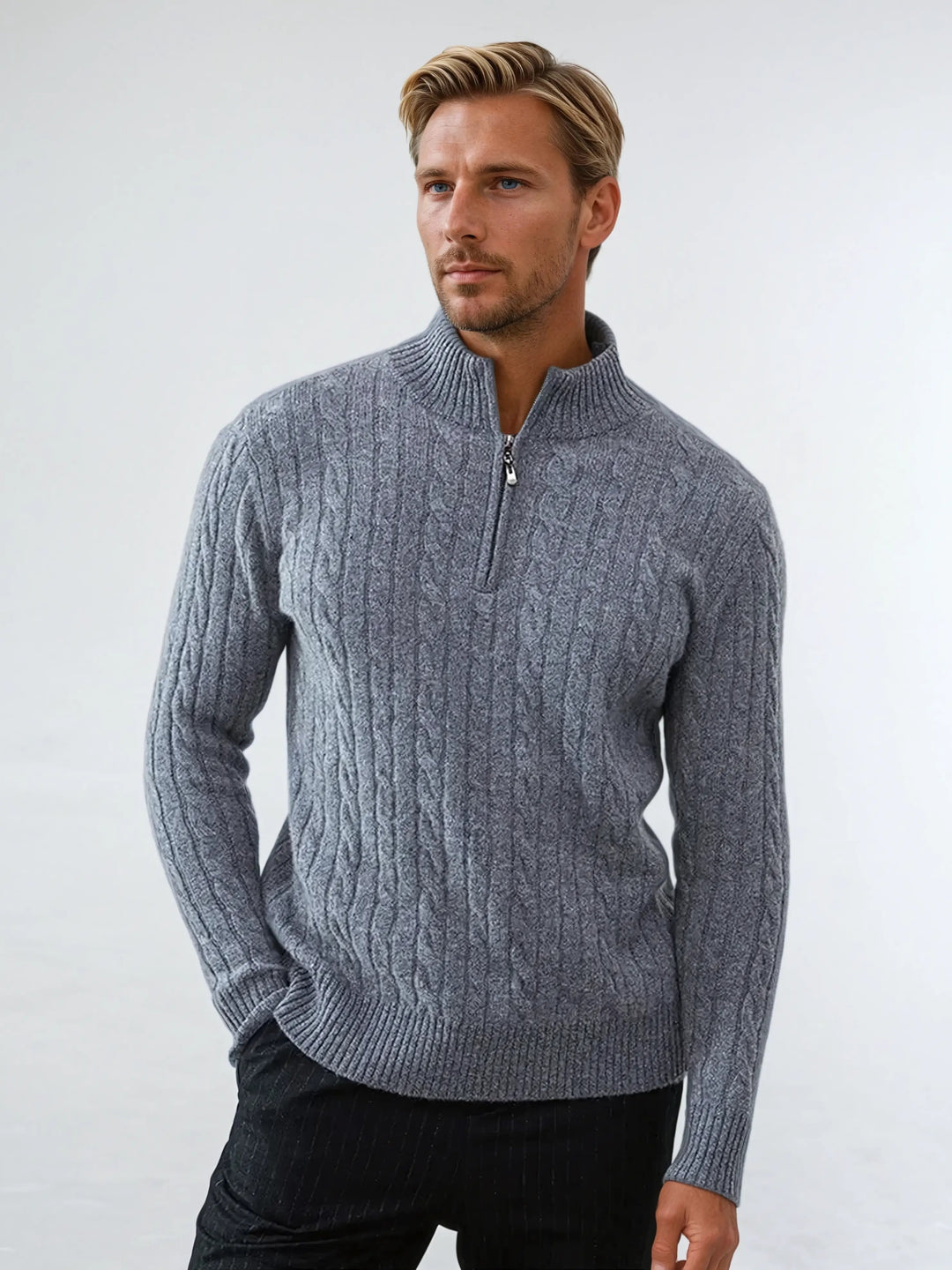 Men’s Cable Knit Zip Sweater – Dark Grey-Sweater-Borough Fashion