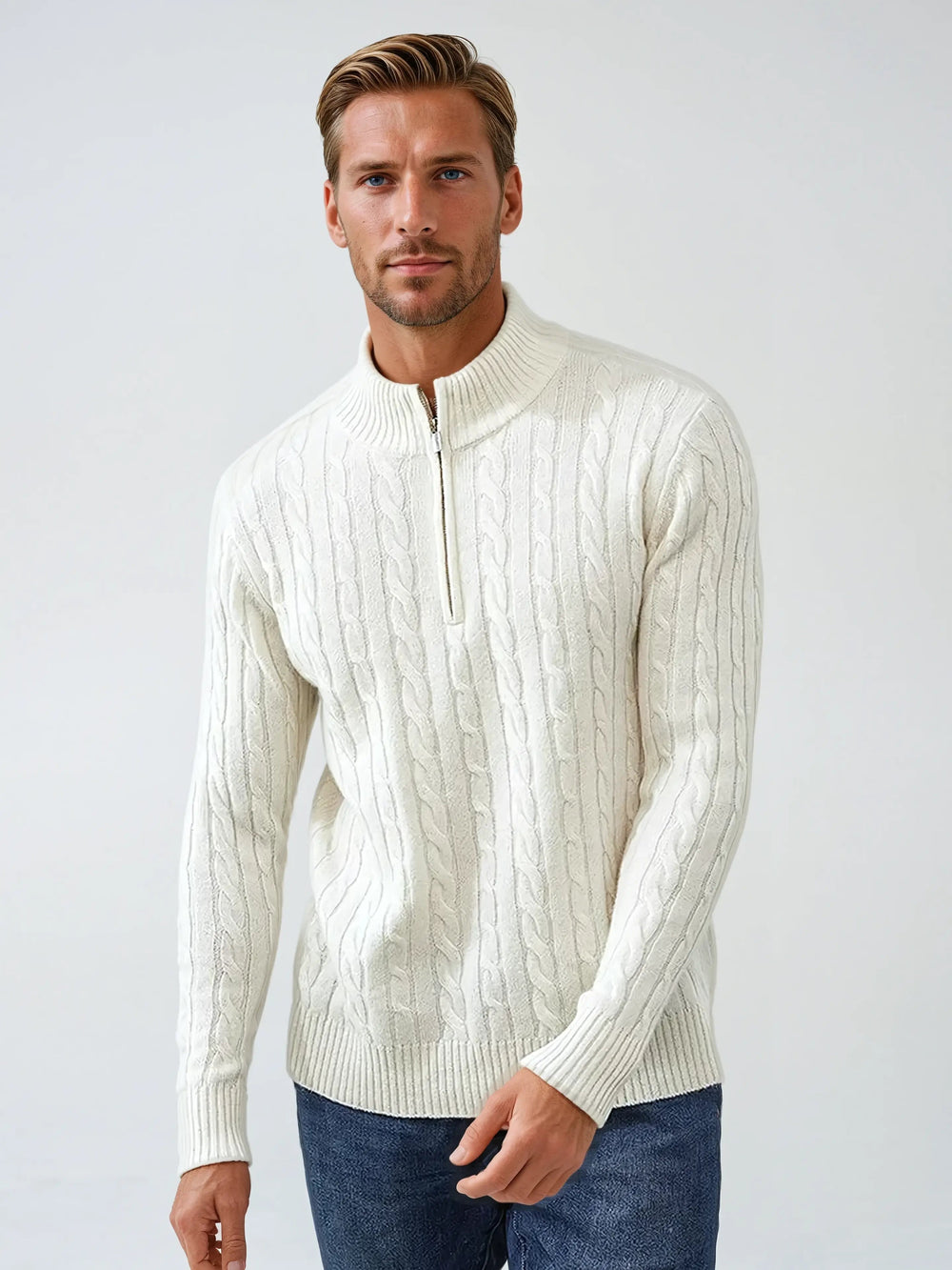 Men’s Cable Knit Zip Sweater – White-Sweater-Borough Fashion