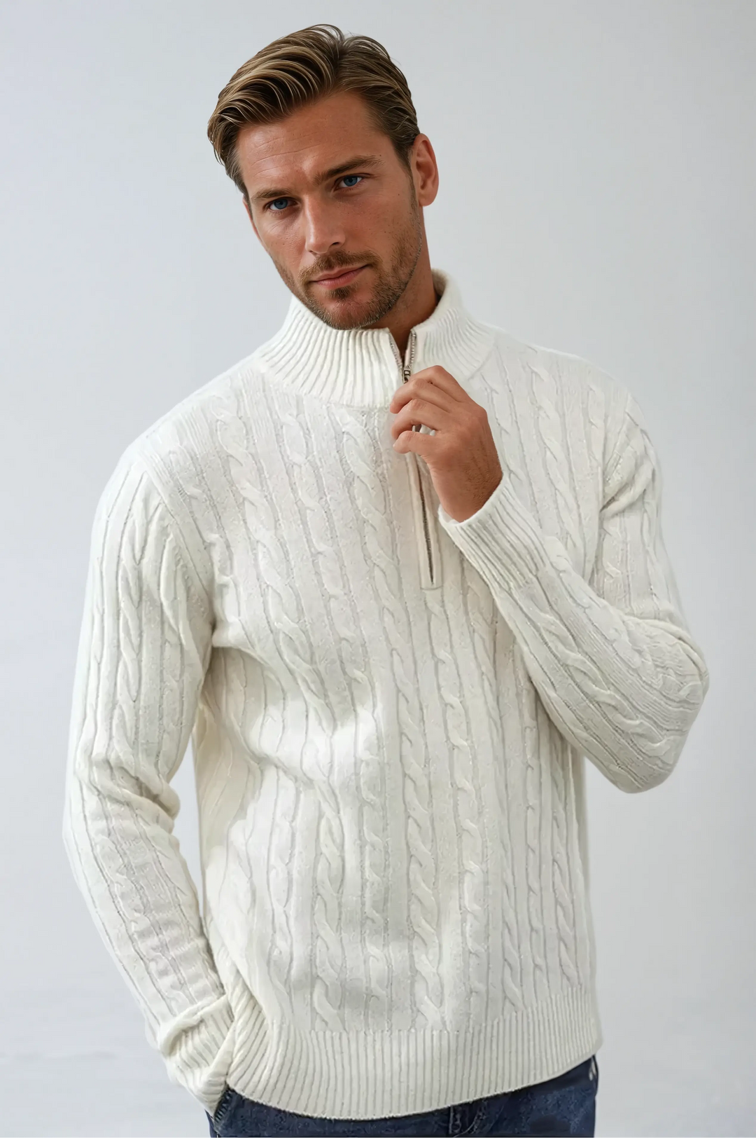 Men’s Cable Knit Zip Sweater – White-Sweater-Borough Fashion