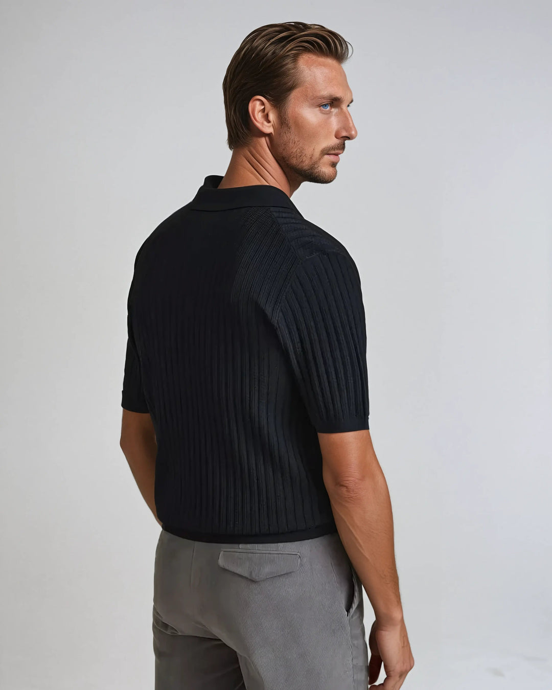 Men’s Crochet Cardigan Polo – Black-Polo-Borough Fashion
