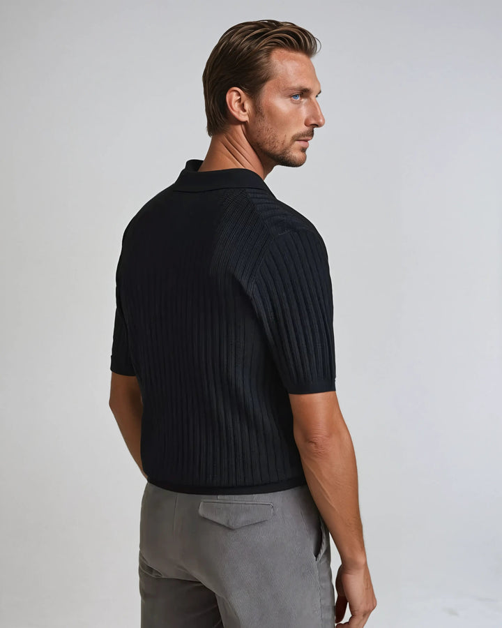 Men’s Crochet Cardigan Polo – Black-Polo-Borough Fashion