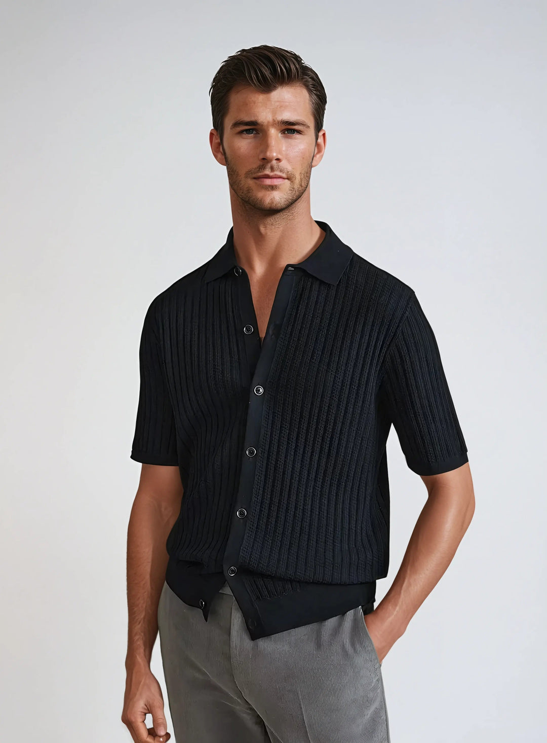 Men’s Crochet Cardigan Polo – Black-Polo-Borough Fashion
