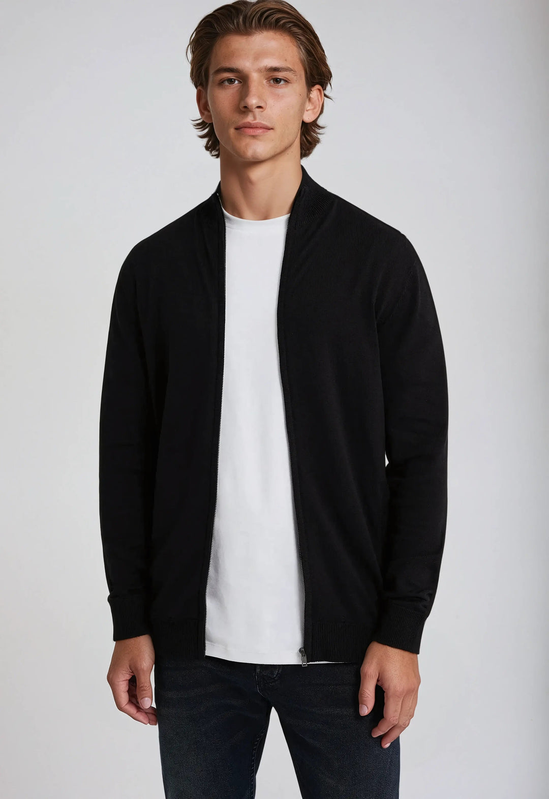 Men’s Full Zip Sweater – Black-Sweater-Borough Fashion