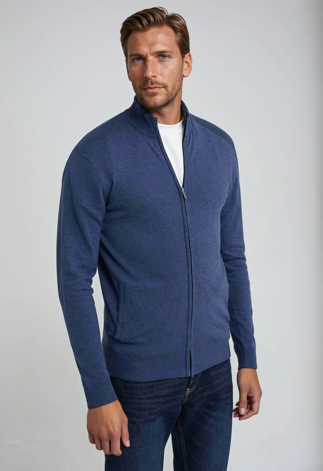 Men’s Full Zip Sweater – Blue-Sweater-Borough Fashion