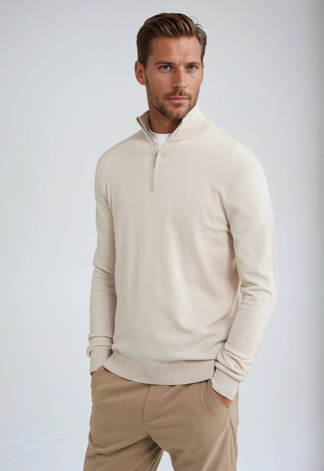Men’s Half Zip Sweater – Beige-Sweater-Borough Fashion