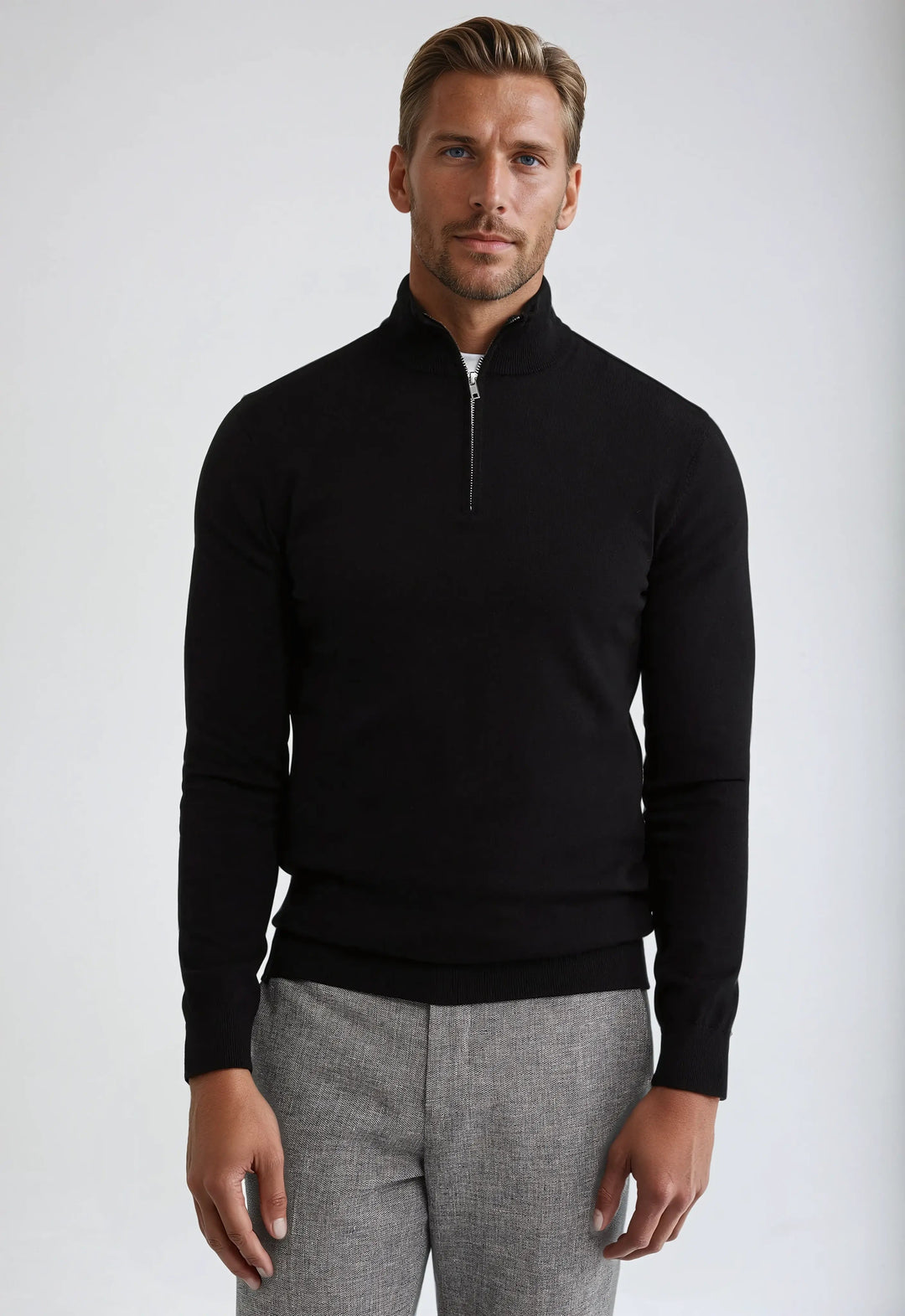 Men’s Half Zip Sweater – Black-Sweater-Borough Fashion