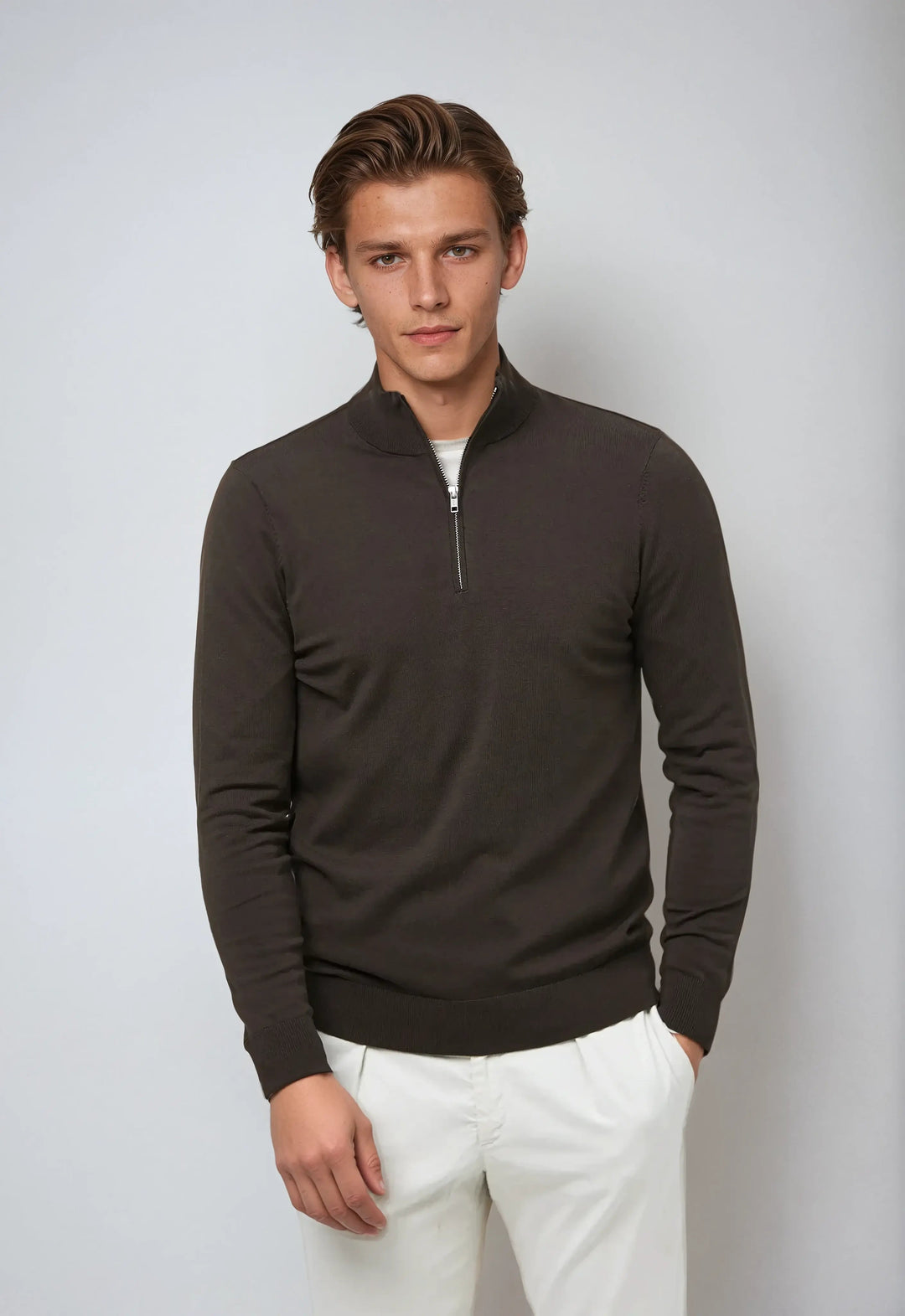 Men’s Half Zip Sweater – Dark Brown-Sweater-Borough Fashion