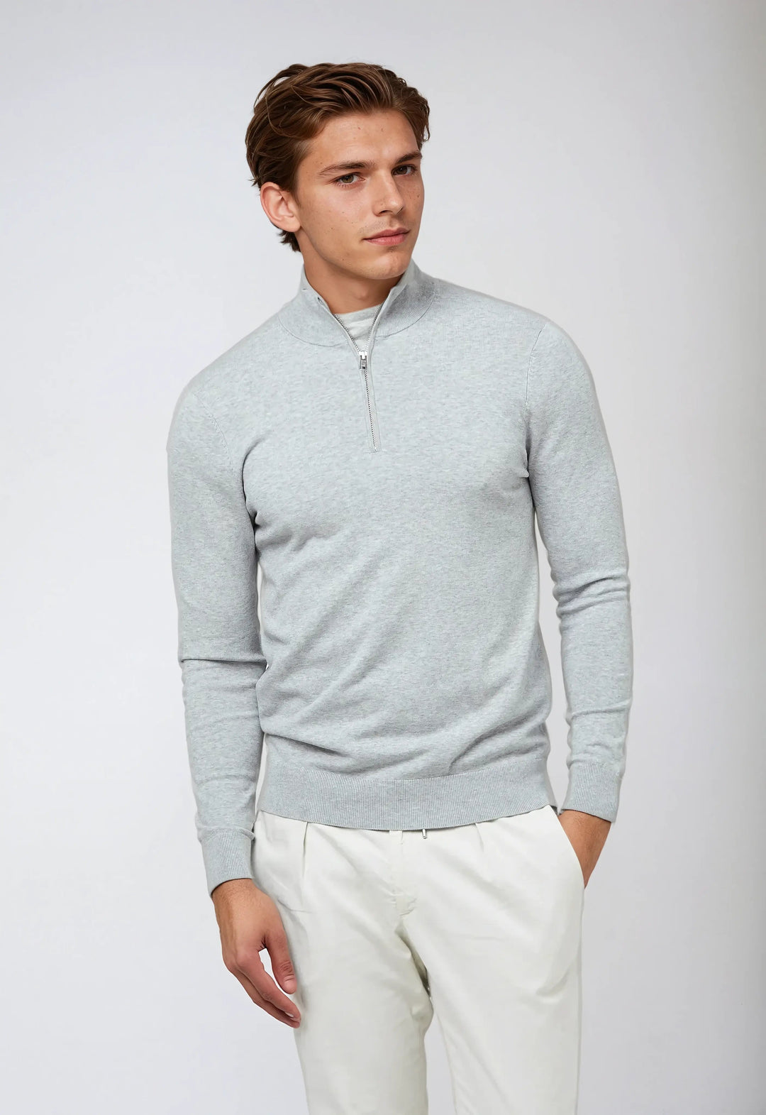 Men’s Half Zip Sweater – Light Grey-Sweater-Borough Fashion