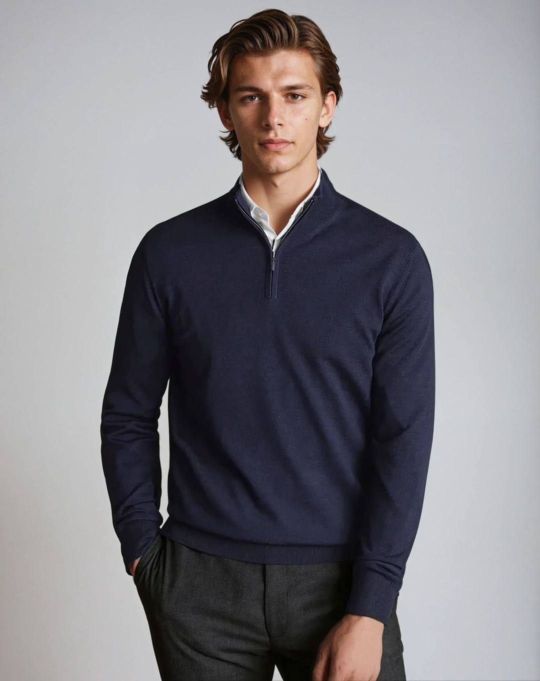 Men’s Half Zip Sweater – Navy Blue-Sweater-Borough Fashion