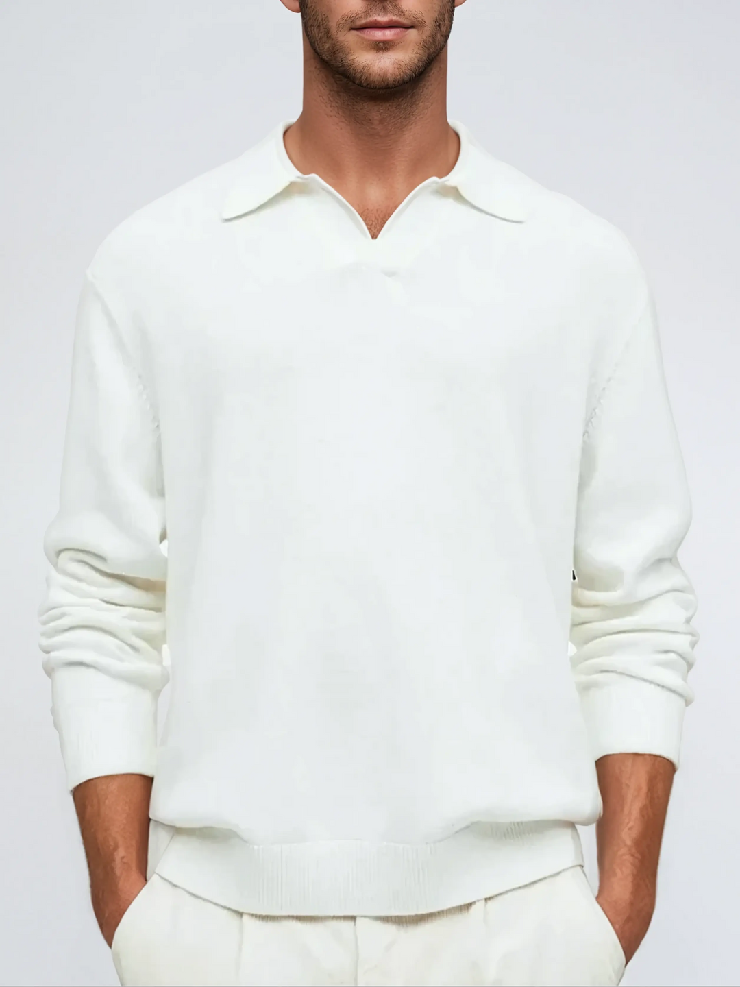 Men’s Long Sleeve Polo Shirt – White-Polo-Borough Fashion