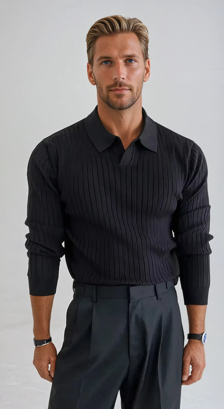 Men’s Long Sleeve Striped Polo Shirt – Black-Polo-Borough Fashion