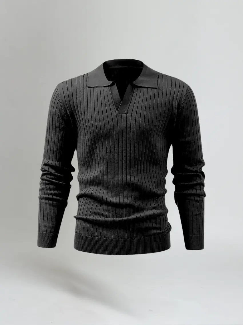 Men’s Long Sleeve Striped Polo Shirt – Black-Polo-Borough Fashion