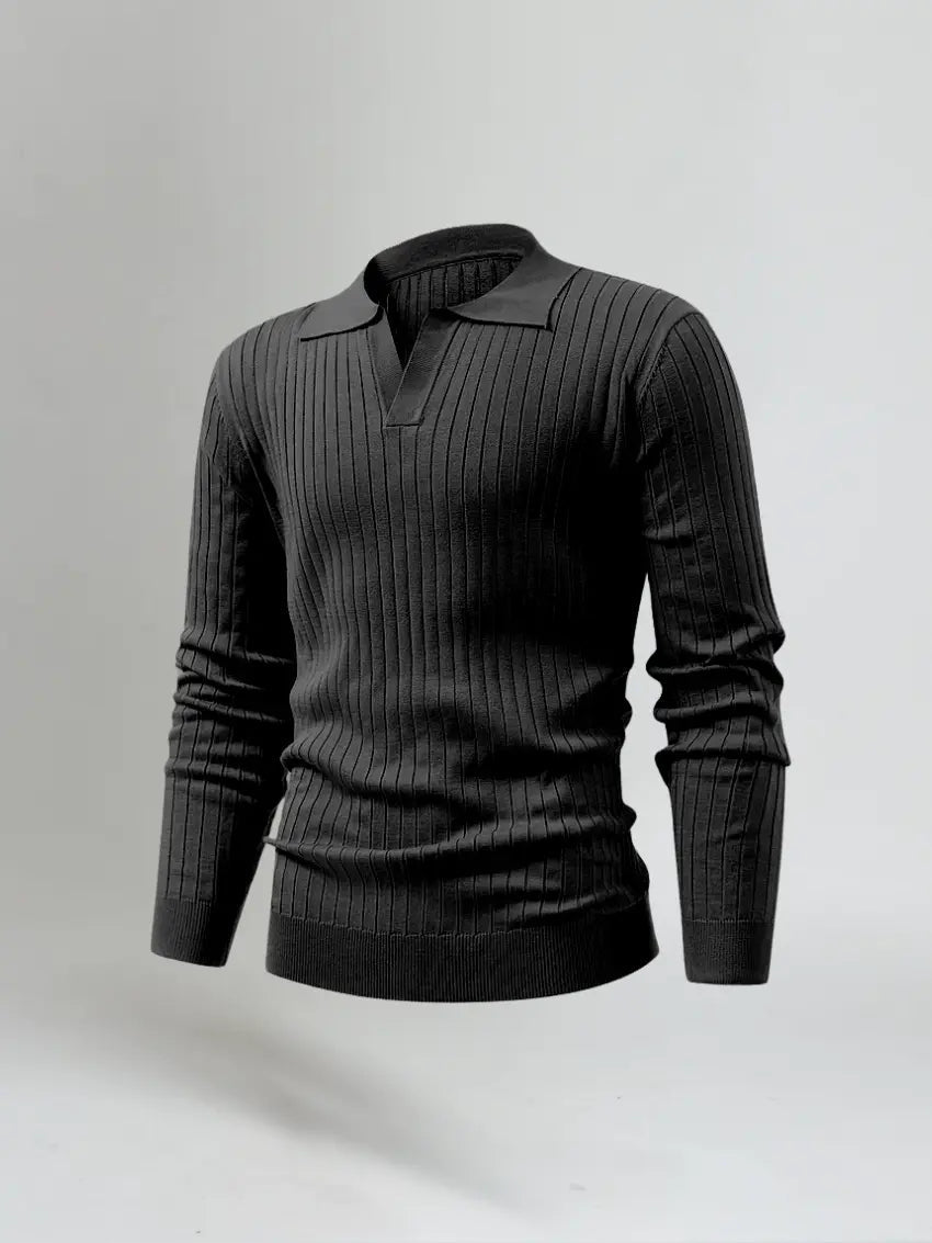 Men’s Long Sleeve Striped Polo Shirt – Black-Polo-Borough Fashion