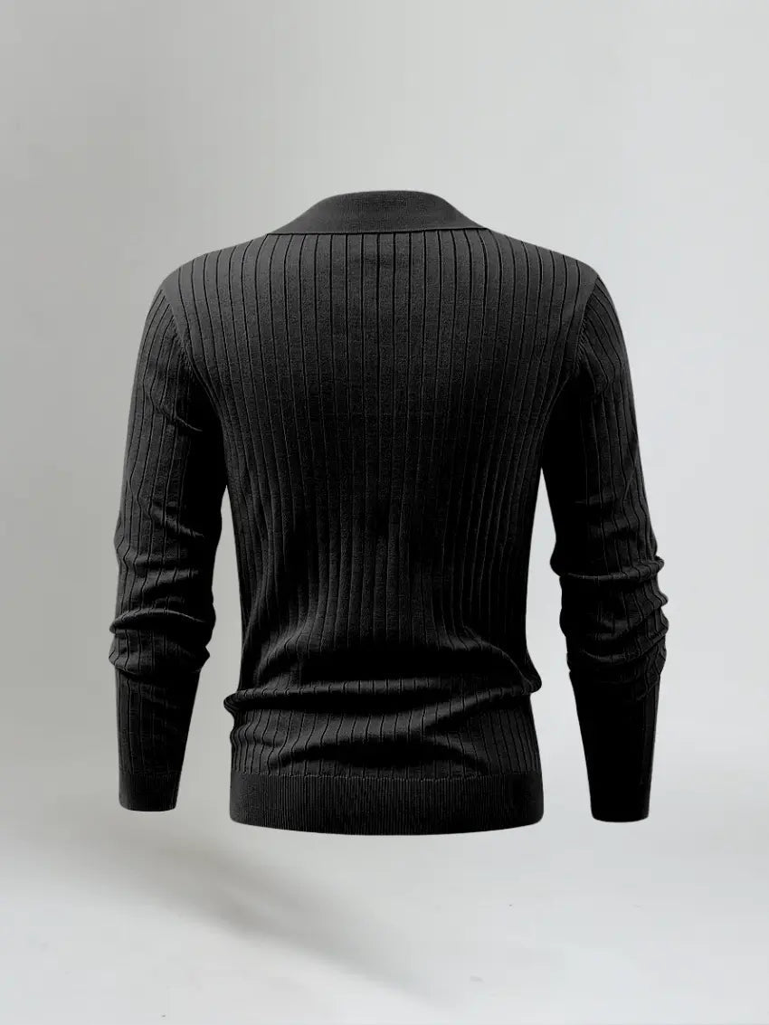 Men’s Long Sleeve Striped Polo Shirt – Black-Polo-Borough Fashion