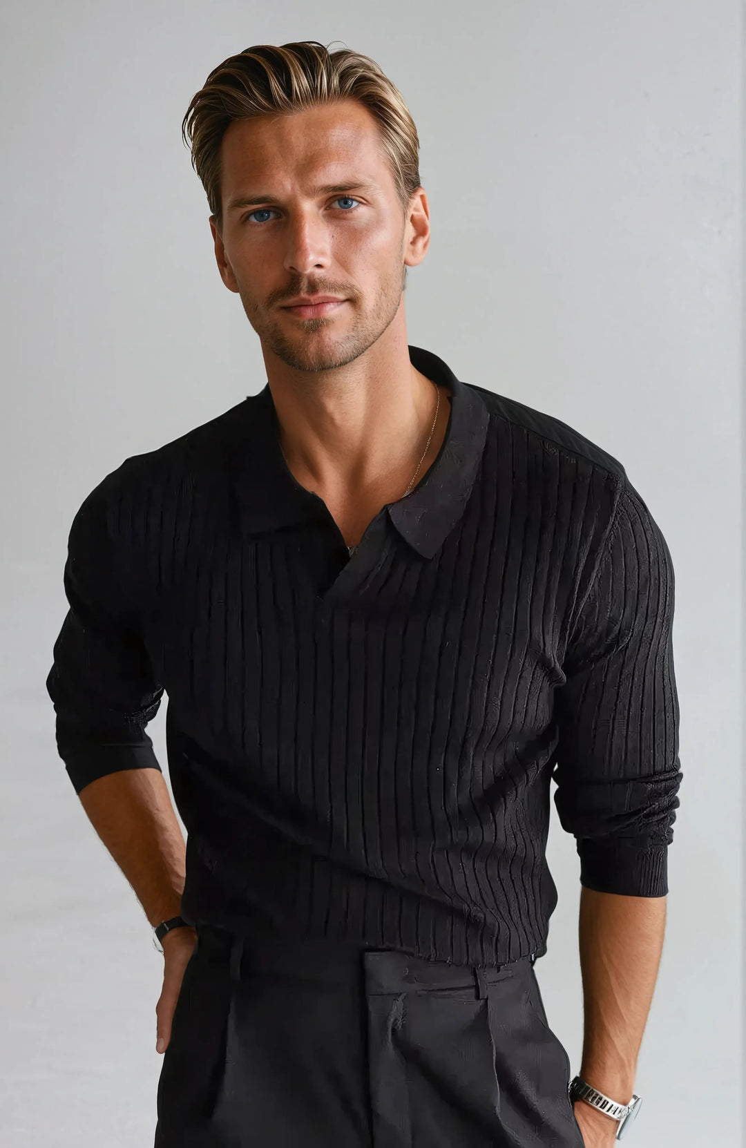 Men’s Long Sleeve Striped Polo Shirt – Black-Polo-Borough Fashion