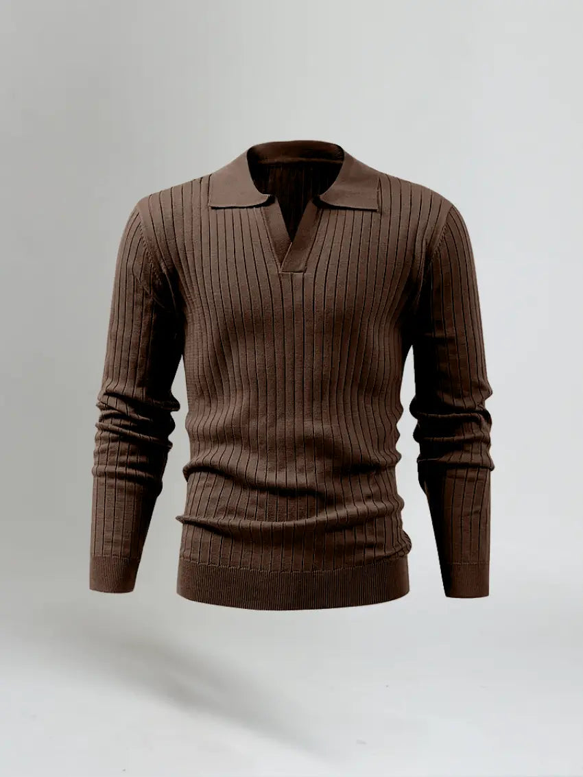 Men’s Long Sleeve Striped Polo Shirt – Brown-Polo-Borough Fashion