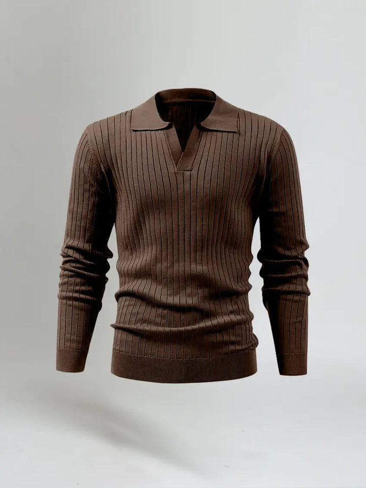 Men’s Long Sleeve Striped Polo Shirt – Brown-Polo-Borough Fashion