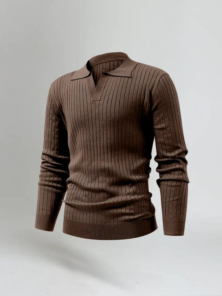 Men’s Long Sleeve Striped Polo Shirt – Brown-Polo-Borough Fashion