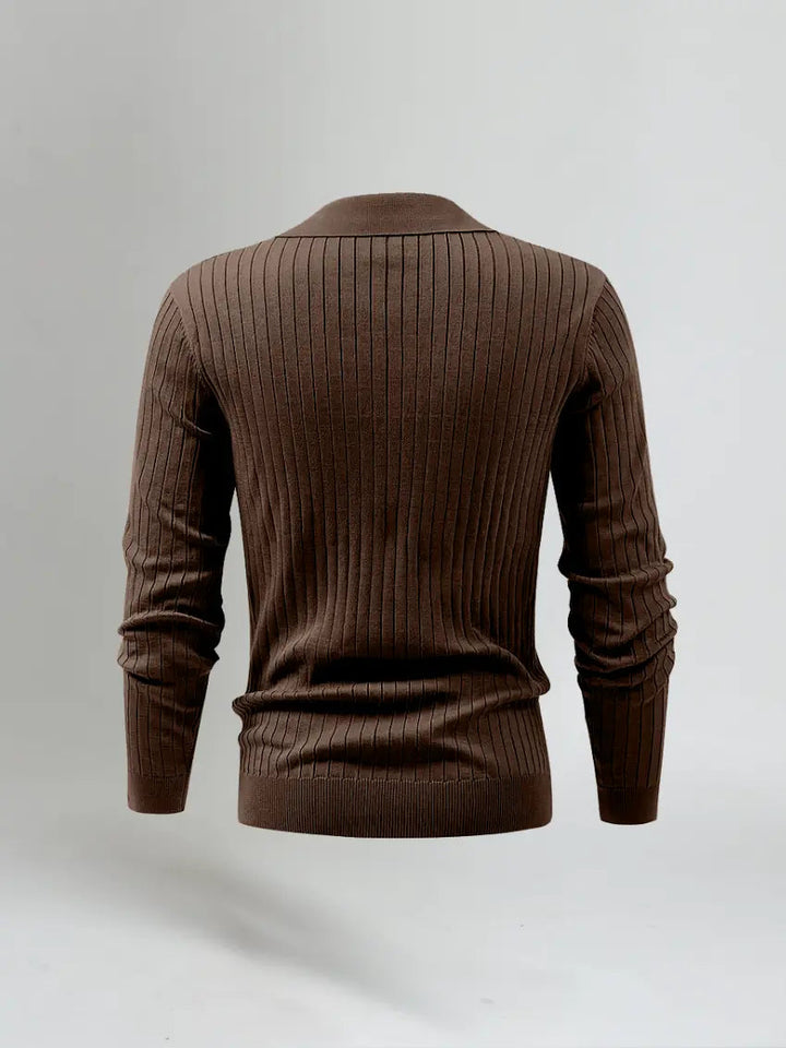 Men’s Long Sleeve Striped Polo Shirt – Brown-Polo-Borough Fashion