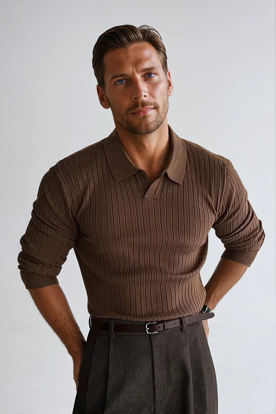 Men’s Long Sleeve Striped Polo Shirt – Brown-Polo-Borough Fashion