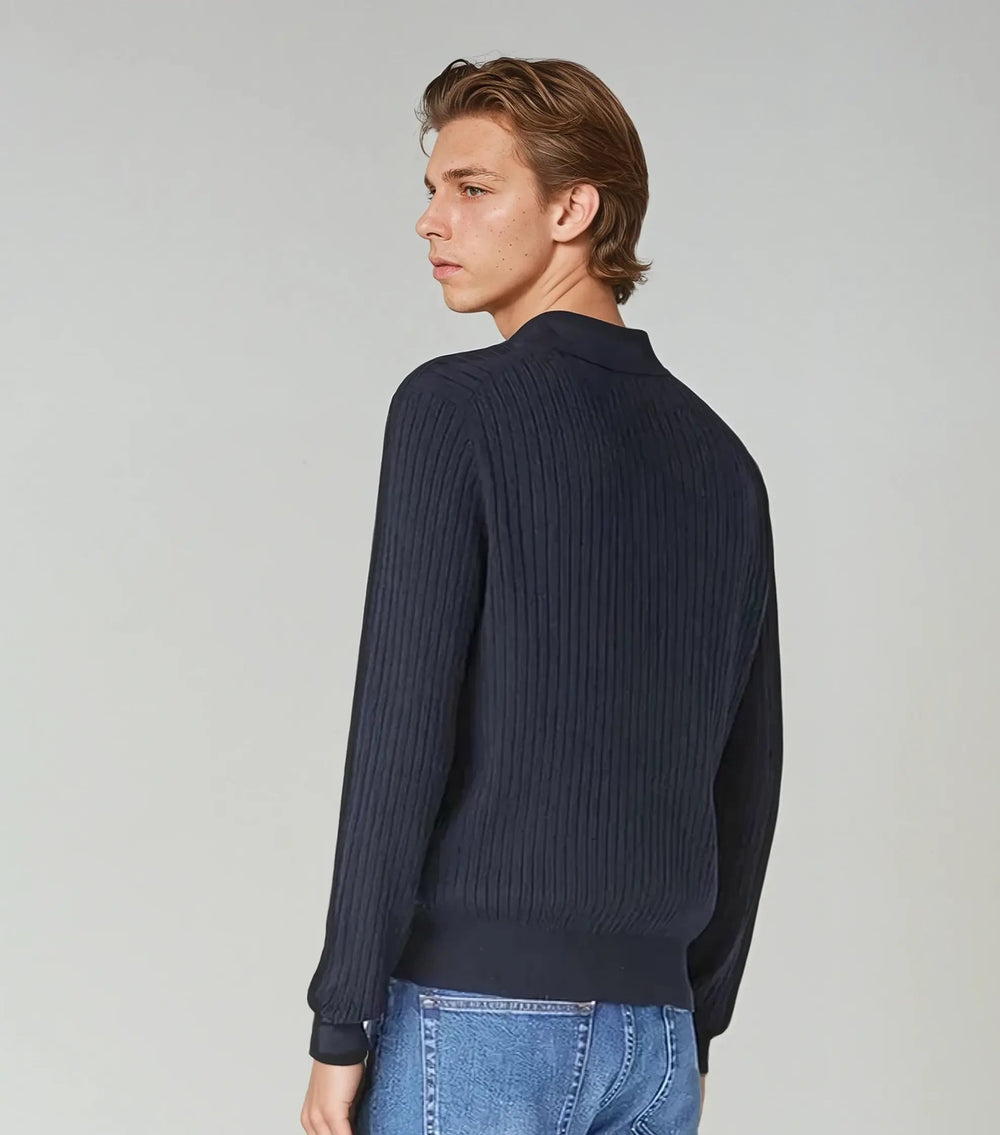 Men’s Long Sleeve Striped Polo Shirt – Navy Blue-Polo-Borough Fashion