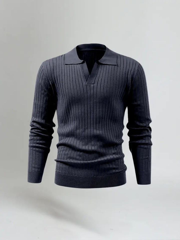 Men’s Long Sleeve Striped Polo Shirt – Navy Blue-Polo-Borough Fashion