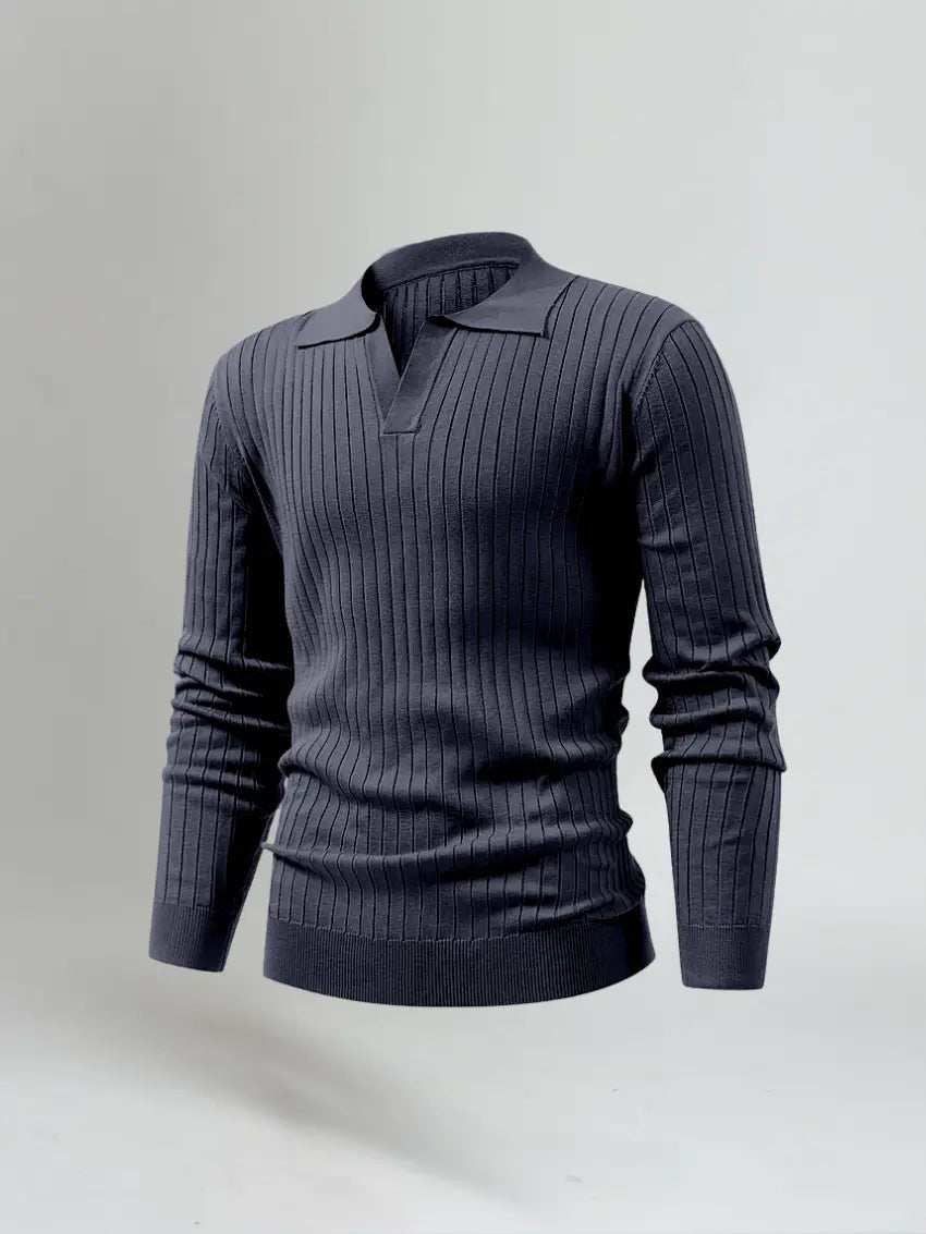 Men’s Long Sleeve Striped Polo Shirt – Navy Blue-Polo-Borough Fashion