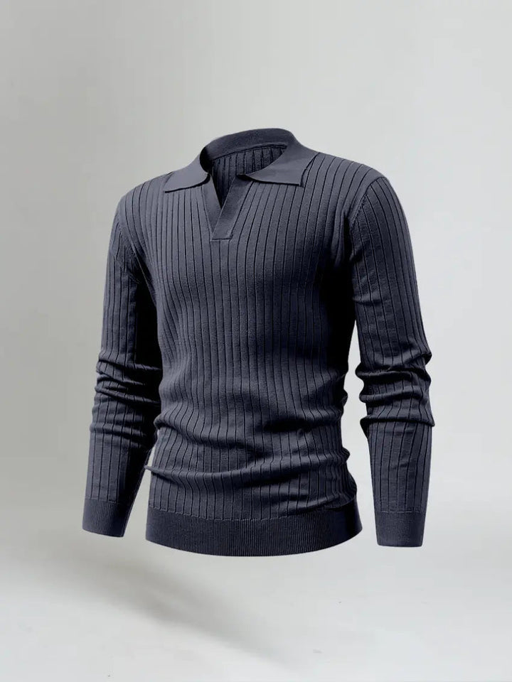 Men’s Long Sleeve Striped Polo Shirt – Navy Blue-Polo-Borough Fashion