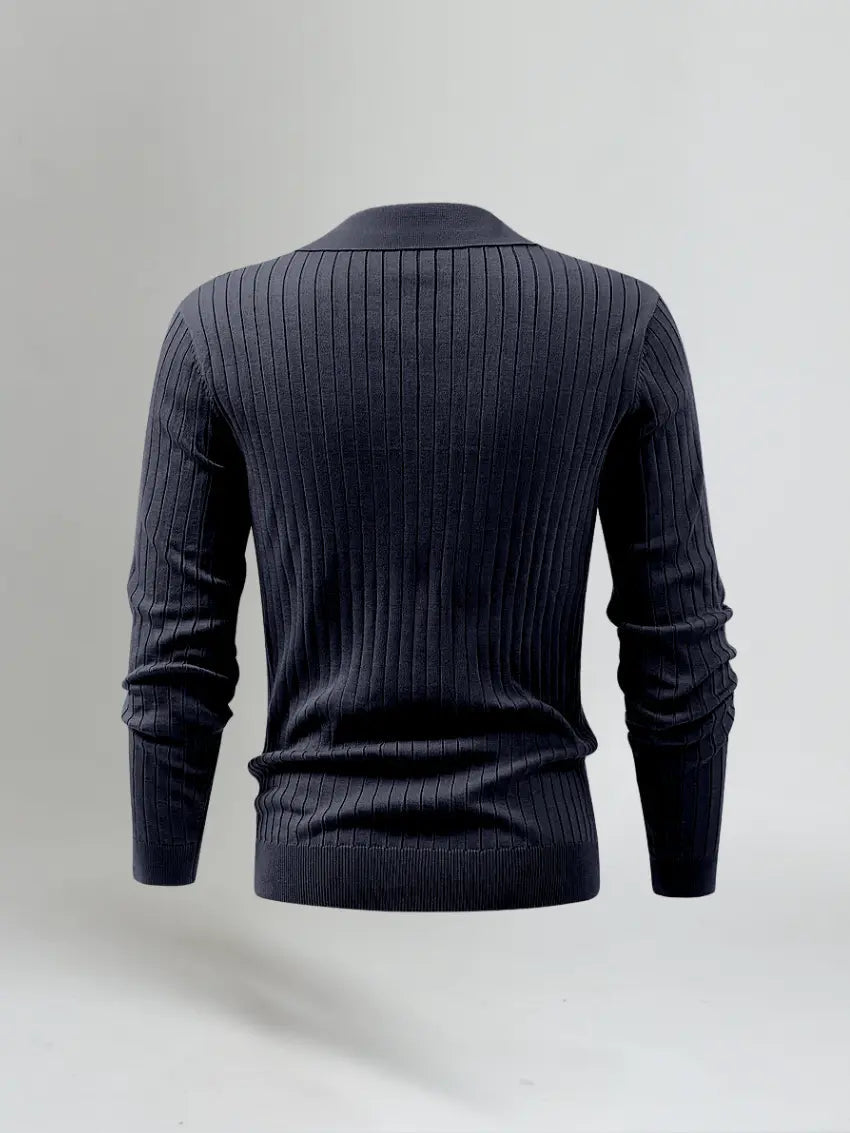 Men’s Long Sleeve Striped Polo Shirt – Navy Blue-Polo-Borough Fashion