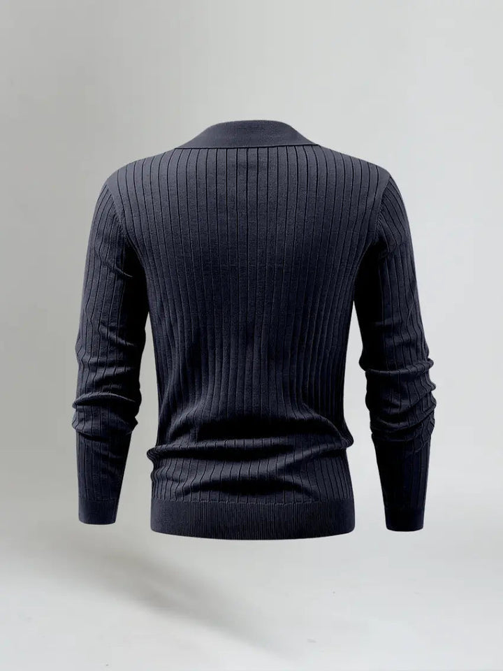 Men’s Long Sleeve Striped Polo Shirt – Navy Blue-Polo-Borough Fashion
