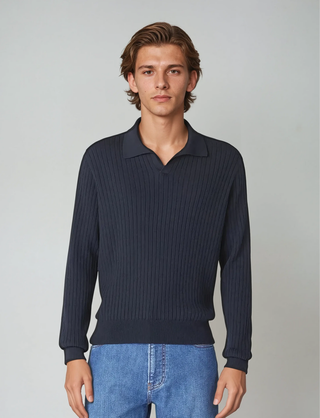 Men’s Long Sleeve Striped Polo Shirt – Navy Blue-Polo-Borough Fashion