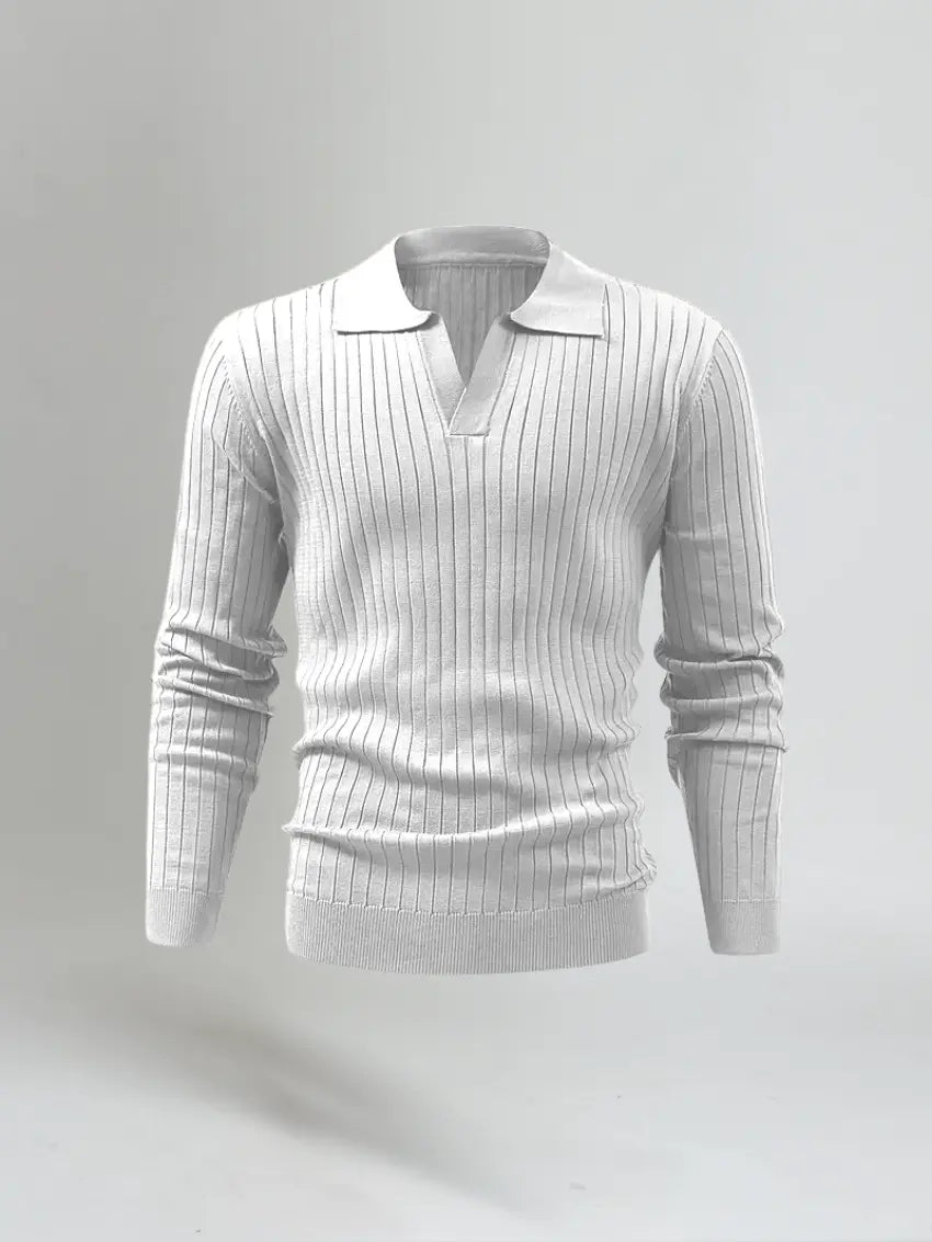 Men’s Long Sleeve Striped Polo Shirt – White-Polo-Borough Fashion