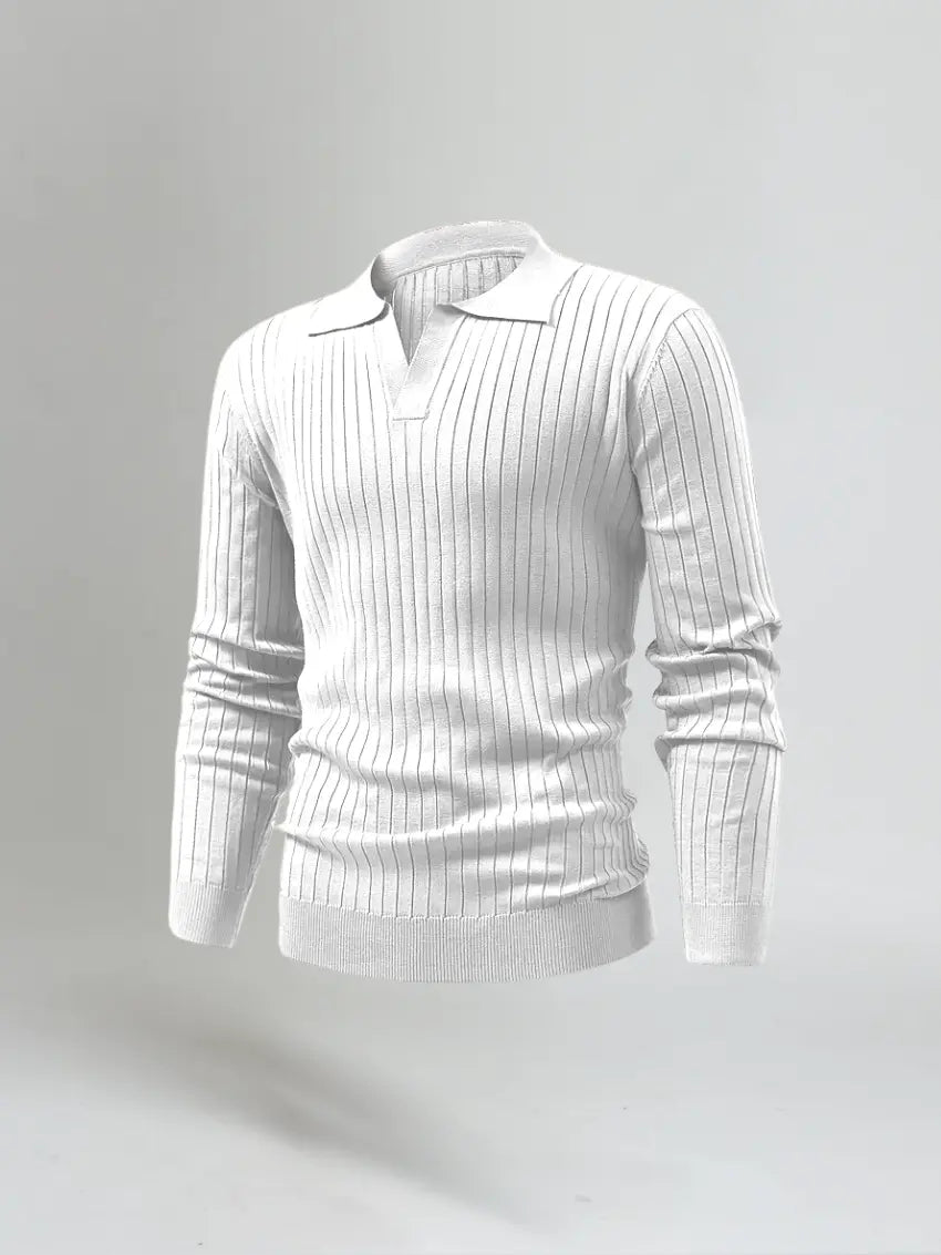 Men’s Long Sleeve Striped Polo Shirt – White-Polo-Borough Fashion