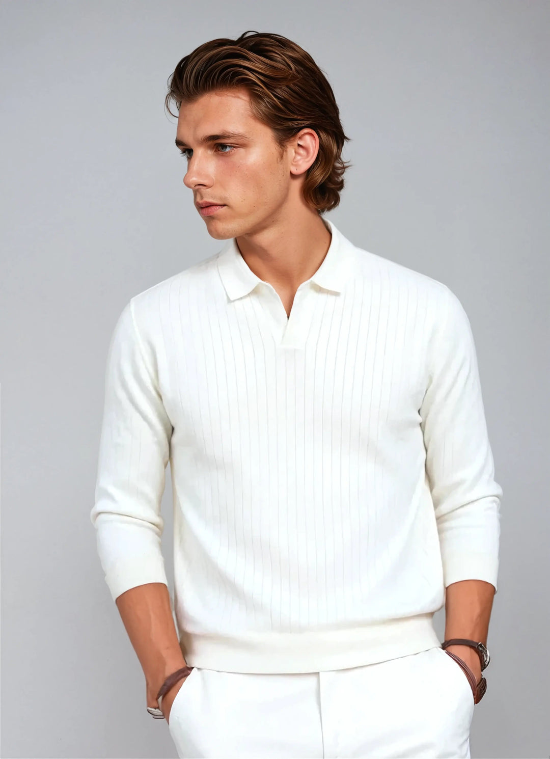 Men’s Long Sleeve Striped Polo Shirt – White-Polo-Borough Fashion