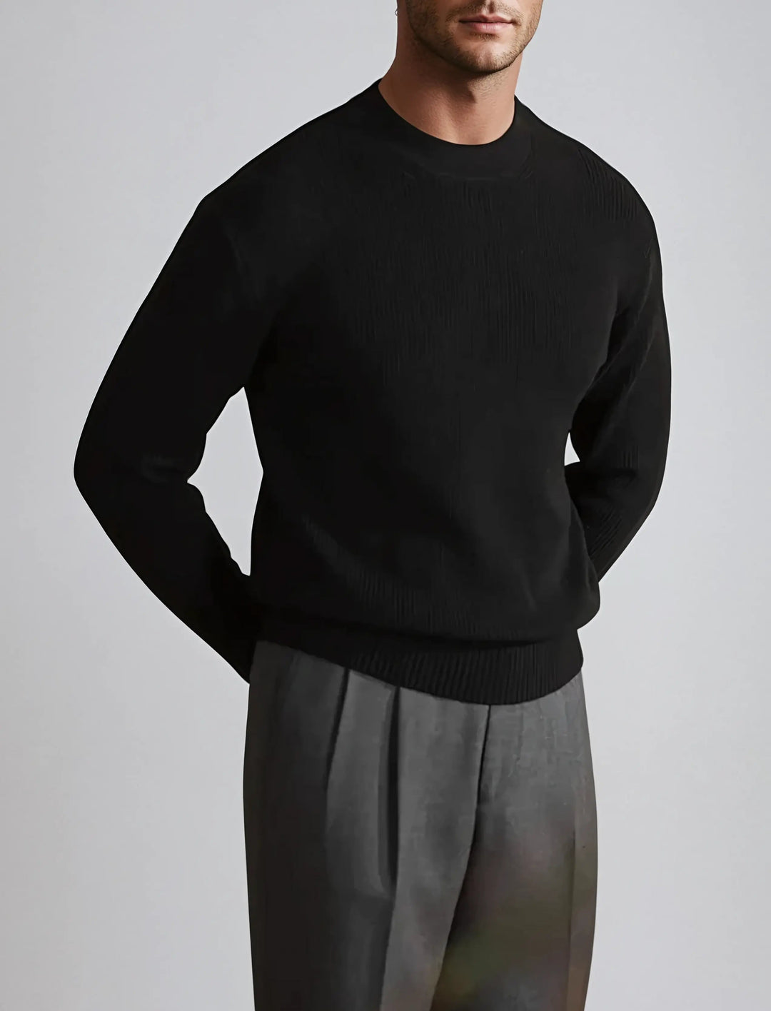 Men’s Ribbed Crew Neck Jumper – Black-Sweater-Borough Fashion
