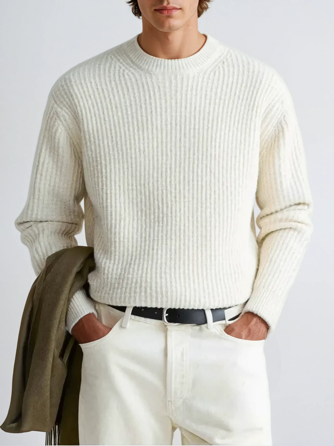 Men’s Ribbed Crew Neck Jumper – Ecru-Sweater-Borough Fashion