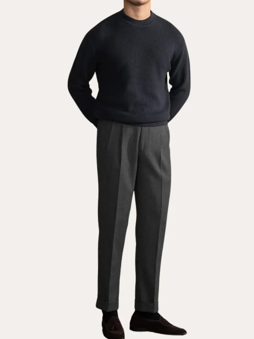 Men’s Ribbed Crew Neck Jumper – Navy Blue-Sweater-Borough Fashion