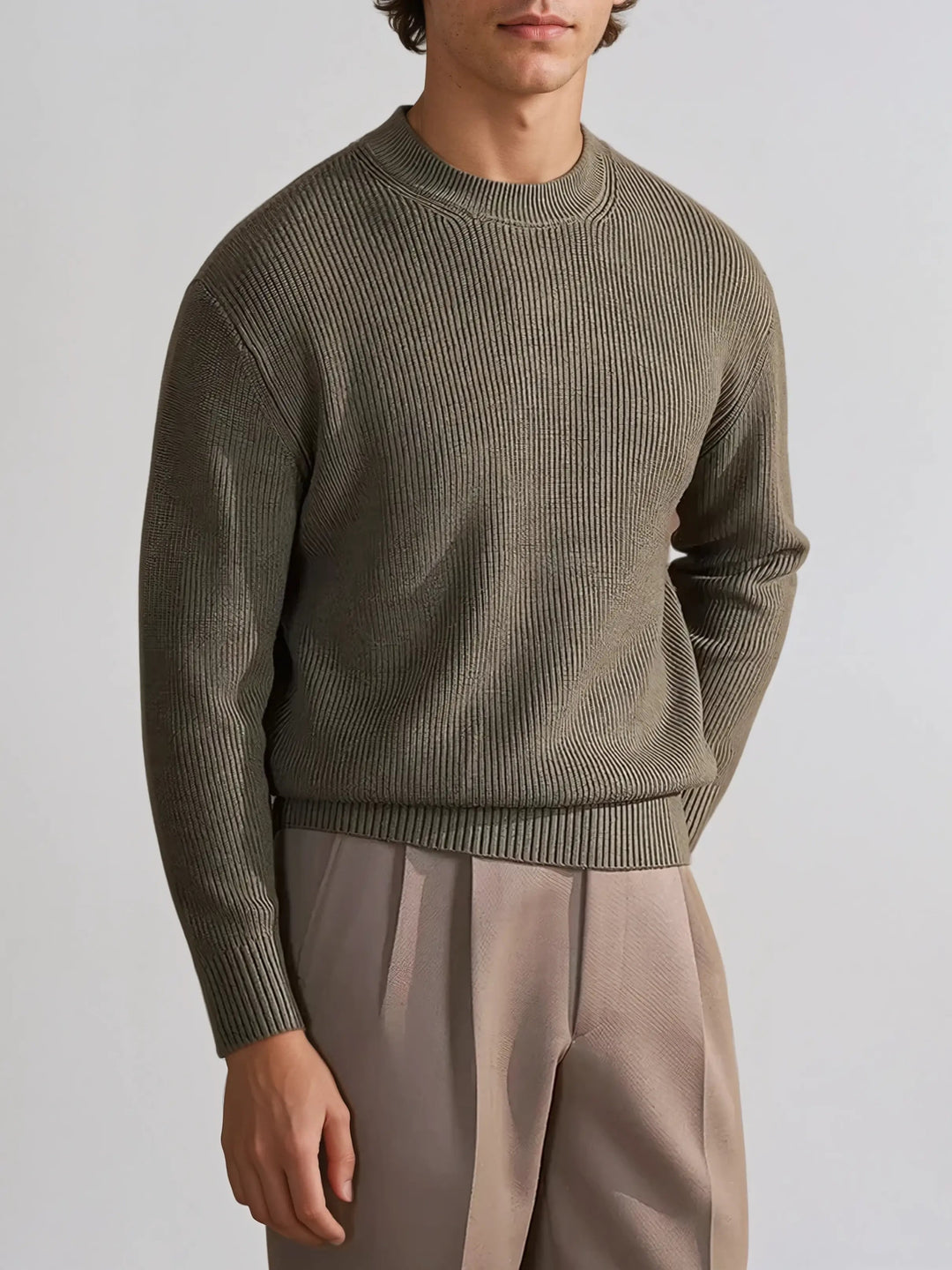 Men’s Ribbed Crew Neck Jumper – Olive Green-Sweater-Borough Fashion